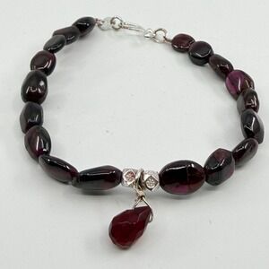 Deep Red Garnet Gemstone Beaded Bracelet Silver Tone Charm Bohemian Romantic